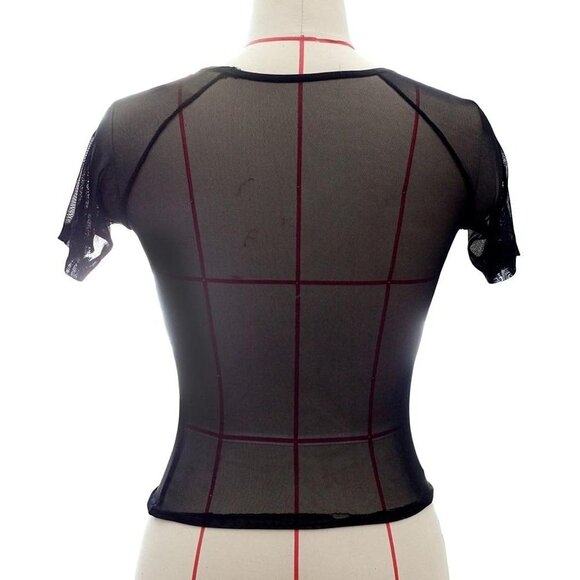 Women's Black Sleepwear Sheer Lace Lingerie Mesh T Shirt Short Sleeve Crop Tops - Picture 5 of 6